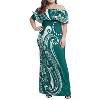 Kia Orana Cook Islands Family Matching Off Shoulder Maxi Dress and Hawaiian Shirt Teal Plumeria Tropical Waves LT7 Mom's Dress Teal - Polynesian Pride
