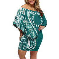Kia Orana Cook Islands Family Matching Off Shoulder Short Dress and Hawaiian Shirt Teal Plumeria Tropical Waves LT7 Mom's Dress Teal - Polynesian Pride