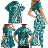 Kia Orana Cook Islands Family Matching Short Sleeve Bodycon Dress and Hawaiian Shirt Teal Plumeria Tropical Waves LT7 - Polynesian Pride