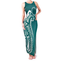 Kia Orana Cook Islands Family Matching Tank Maxi Dress and Hawaiian Shirt Teal Plumeria Tropical Waves LT7 Mom's Dress Teal - Polynesian Pride