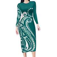 Kia Orana Cook Islands Long Sleeve Bodycon Dress Teal Plumeria Tropical Waves LT7 Long Dress Teal - Polynesian Pride