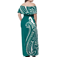 Kia Orana Cook Islands Off Shoulder Maxi Dress Teal Plumeria Tropical Waves LT7 - Polynesian Pride