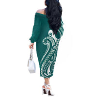 Kia Orana Cook Islands Off The Shoulder Long Sleeve Dress Teal Plumeria Tropical Waves LT7 - Polynesian Pride