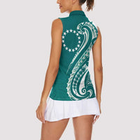 Kia Orana Cook Islands Women Sleeveless Polo Shirt Teal Plumeria Tropical Waves LT7 - Polynesian Pride