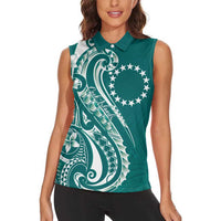 Kia Orana Cook Islands Women Sleeveless Polo Shirt Teal Plumeria Tropical Waves LT7 - Polynesian Pride