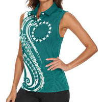 Kia Orana Cook Islands Women Sleeveless Polo Shirt Teal Plumeria Tropical Waves LT7 - Polynesian Pride
