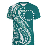 Kia Orana Cook Islands Women V-Neck T-Shirt Teal Plumeria Tropical Waves LT7 Female Teal - Polynesian Pride