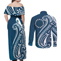Kia Orana Cook Islands Couples Matching Off Shoulder Maxi Dress and Long Sleeve Button Shirt Auika Plumeria Tropical Waves LT7 - Polynesian Pride