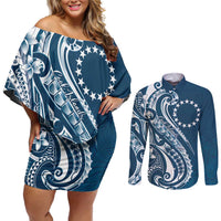 Kia Orana Cook Islands Couples Matching Off Shoulder Short Dress and Long Sleeve Button Shirt Auika Plumeria Tropical Waves LT7 Navy Blue - Polynesian Pride