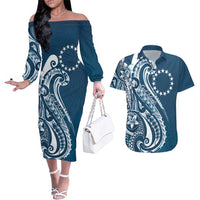 Kia Orana Cook Islands Couples Matching Off The Shoulder Long Sleeve Dress and Hawaiian Shirt Auika Plumeria Tropical Waves LT7 Navy Blue - Polynesian Pride