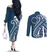 Kia Orana Cook Islands Couples Matching Off The Shoulder Long Sleeve Dress and Long Sleeve Button Shirt Auika Plumeria Tropical Waves LT7 - Polynesian Pride