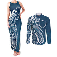 Kia Orana Cook Islands Couples Matching Tank Maxi Dress and Long Sleeve Button Shirt Auika Plumeria Tropical Waves LT7 Navy Blue - Polynesian Pride