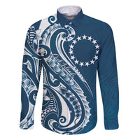 Kia Orana Cook Islands Family Matching Long Sleeve Bodycon Dress and Hawaiian Shirt Auika Plumeria Tropical Waves LT7 Dad's Shirt - Long Sleeve Navy Blue - Polynesian Pride