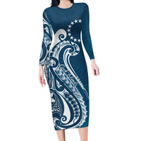 Kia Orana Cook Islands Long Sleeve Bodycon Dress Auika Plumeria Tropical Waves LT7 Long Dress Navy Blue - Polynesian Pride
