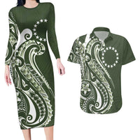 Kia Orana Cook Islands Couples Matching Long Sleeve Bodycon Dress and Hawaiian Shirt Matie Plumeria Tropical Waves LT7 Sage Green - Polynesian Pride