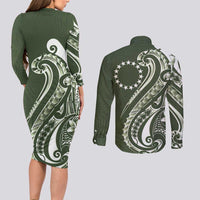 Kia Orana Cook Islands Couples Matching Long Sleeve Bodycon Dress and Long Sleeve Button Shirt Matie Plumeria Tropical Waves LT7 - Polynesian Pride