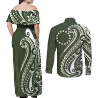 Kia Orana Cook Islands Couples Matching Off Shoulder Maxi Dress and Long Sleeve Button Shirt Matie Plumeria Tropical Waves LT7 - Polynesian Pride