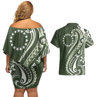 Kia Orana Cook Islands Couples Matching Off Shoulder Short Dress and Hawaiian Shirt Matie Plumeria Tropical Waves LT7 - Polynesian Pride