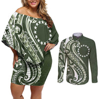 Kia Orana Cook Islands Couples Matching Off Shoulder Short Dress and Long Sleeve Button Shirt Matie Plumeria Tropical Waves LT7 Sage Green - Polynesian Pride