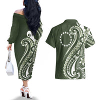 Kia Orana Cook Islands Couples Matching Off The Shoulder Long Sleeve Dress and Hawaiian Shirt Matie Plumeria Tropical Waves LT7 - Polynesian Pride