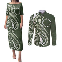 Kia Orana Cook Islands Couples Matching Puletasi and Long Sleeve Button Shirt Matie Plumeria Tropical Waves LT7 Sage Green - Polynesian Pride