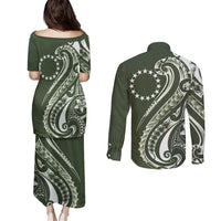 Kia Orana Cook Islands Couples Matching Puletasi and Long Sleeve Button Shirt Matie Plumeria Tropical Waves LT7 - Polynesian Pride