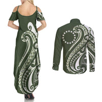 Kia Orana Cook Islands Couples Matching Summer Maxi Dress and Long Sleeve Button Shirt Matie Plumeria Tropical Waves LT7 - Polynesian Pride