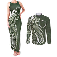 Kia Orana Cook Islands Couples Matching Tank Maxi Dress and Long Sleeve Button Shirt Matie Plumeria Tropical Waves LT7 Sage Green - Polynesian Pride