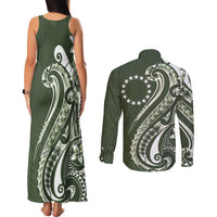 Kia Orana Cook Islands Couples Matching Tank Maxi Dress and Long Sleeve Button Shirt Matie Plumeria Tropical Waves LT7 - Polynesian Pride