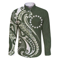 Kia Orana Cook Islands Family Matching Off Shoulder Short Dress and Hawaiian Shirt Matie Plumeria Tropical Waves LT7 Dad's Shirt - Long Sleeve Sage Green - Polynesian Pride