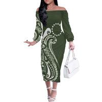 Kia Orana Cook Islands Off The Shoulder Long Sleeve Dress Matie Plumeria Tropical Waves LT7 Women Sage Green - Polynesian Pride