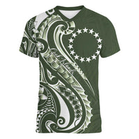 Kia Orana Cook Islands Women V-Neck T-Shirt Matie Plumeria Tropical Waves LT7 Female Sage Green - Polynesian Pride