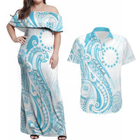 Kia Orana Cook Islands Couples Matching Off Shoulder Maxi Dress and Hawaiian Shirt Moana Plumeria Tropical Waves LT7 Turquoise - Polynesian Pride