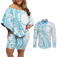 Kia Orana Cook Islands Couples Matching Off Shoulder Short Dress and Long Sleeve Button Shirt Moana Plumeria Tropical Waves LT7 Turquoise - Polynesian Pride