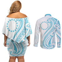 Kia Orana Cook Islands Couples Matching Off Shoulder Short Dress and Long Sleeve Button Shirt Moana Plumeria Tropical Waves LT7 - Polynesian Pride