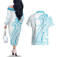 Kia Orana Cook Islands Couples Matching Off The Shoulder Long Sleeve Dress and Hawaiian Shirt Moana Plumeria Tropical Waves LT7 - Polynesian Pride