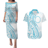 Kia Orana Cook Islands Couples Matching Puletasi and Hawaiian Shirt Moana Plumeria Tropical Waves LT7 Turquoise - Polynesian Pride