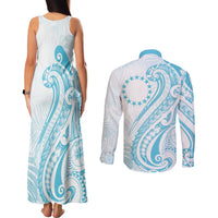 Kia Orana Cook Islands Couples Matching Tank Maxi Dress and Long Sleeve Button Shirt Moana Plumeria Tropical Waves LT7 - Polynesian Pride