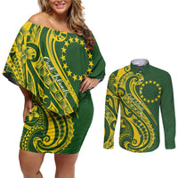 Kia Orana Cook Islands Couples Matching Off Shoulder Short Dress and Long Sleeve Button Shirt Plumeria Tropical Waves LT7 Yellow Green - Polynesian Pride