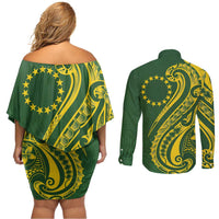Kia Orana Cook Islands Couples Matching Off Shoulder Short Dress and Long Sleeve Button Shirt Plumeria Tropical Waves LT7 - Polynesian Pride