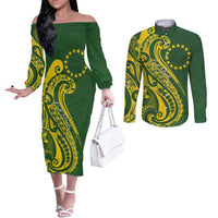 Kia Orana Cook Islands Couples Matching Off The Shoulder Long Sleeve Dress and Long Sleeve Button Shirt Plumeria Tropical Waves LT7 Yellow Green - Polynesian Pride