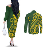 Kia Orana Cook Islands Couples Matching Off The Shoulder Long Sleeve Dress and Long Sleeve Button Shirt Plumeria Tropical Waves LT7 - Polynesian Pride