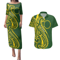 Kia Orana Cook Islands Couples Matching Puletasi and Hawaiian Shirt Plumeria Tropical Waves LT7 Yellow Green - Polynesian Pride