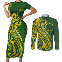 Kia Orana Cook Islands Couples Matching Short Sleeve Bodycon Dress and Long Sleeve Button Shirt Plumeria Tropical Waves LT7 Yellow Green - Polynesian Pride
