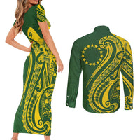Kia Orana Cook Islands Couples Matching Short Sleeve Bodycon Dress and Long Sleeve Button Shirt Plumeria Tropical Waves LT7 - Polynesian Pride