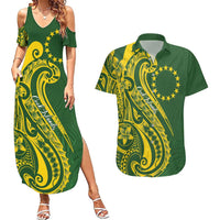 Kia Orana Cook Islands Couples Matching Summer Maxi Dress and Hawaiian Shirt Plumeria Tropical Waves LT7 Yellow Green - Polynesian Pride