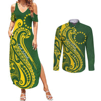 Kia Orana Cook Islands Couples Matching Summer Maxi Dress and Long Sleeve Button Shirt Plumeria Tropical Waves LT7 Yellow Green - Polynesian Pride