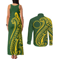 Kia Orana Cook Islands Couples Matching Tank Maxi Dress and Long Sleeve Button Shirt Plumeria Tropical Waves LT7 - Polynesian Pride