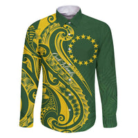 Kia Orana Cook Islands Family Matching Puletasi and Hawaiian Shirt Plumeria Tropical Waves LT7 Dad's Shirt - Long Sleeve Yellow Green - Polynesian Pride