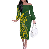 Kia Orana Cook Islands Off The Shoulder Long Sleeve Dress Plumeria Tropical Waves LT7 Women Yellow Green - Polynesian Pride